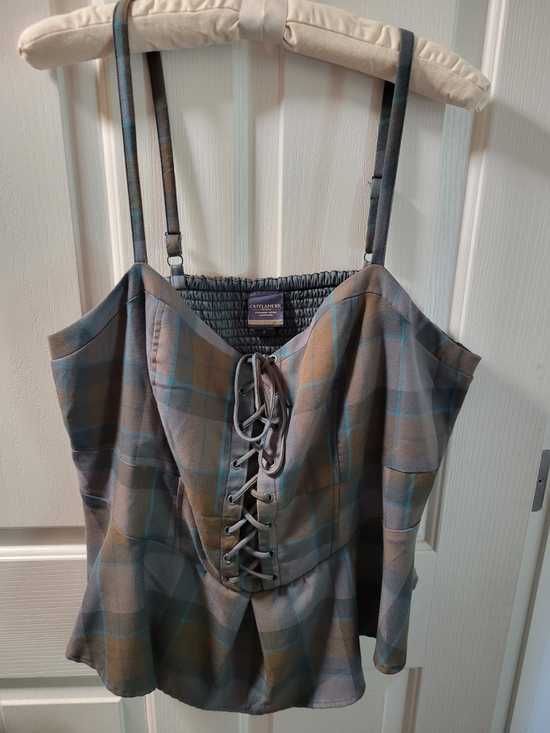 torrid Tops - Torrid Outlander Corset-Style Plaid Peplum Top in Gray and Brown Size 2